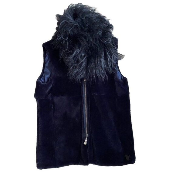 Giorgio Armani Vest Zip Mongolian Lamb IT 48 US 12 Sheared Fur Navy Blue Black - Picture 1 of 6